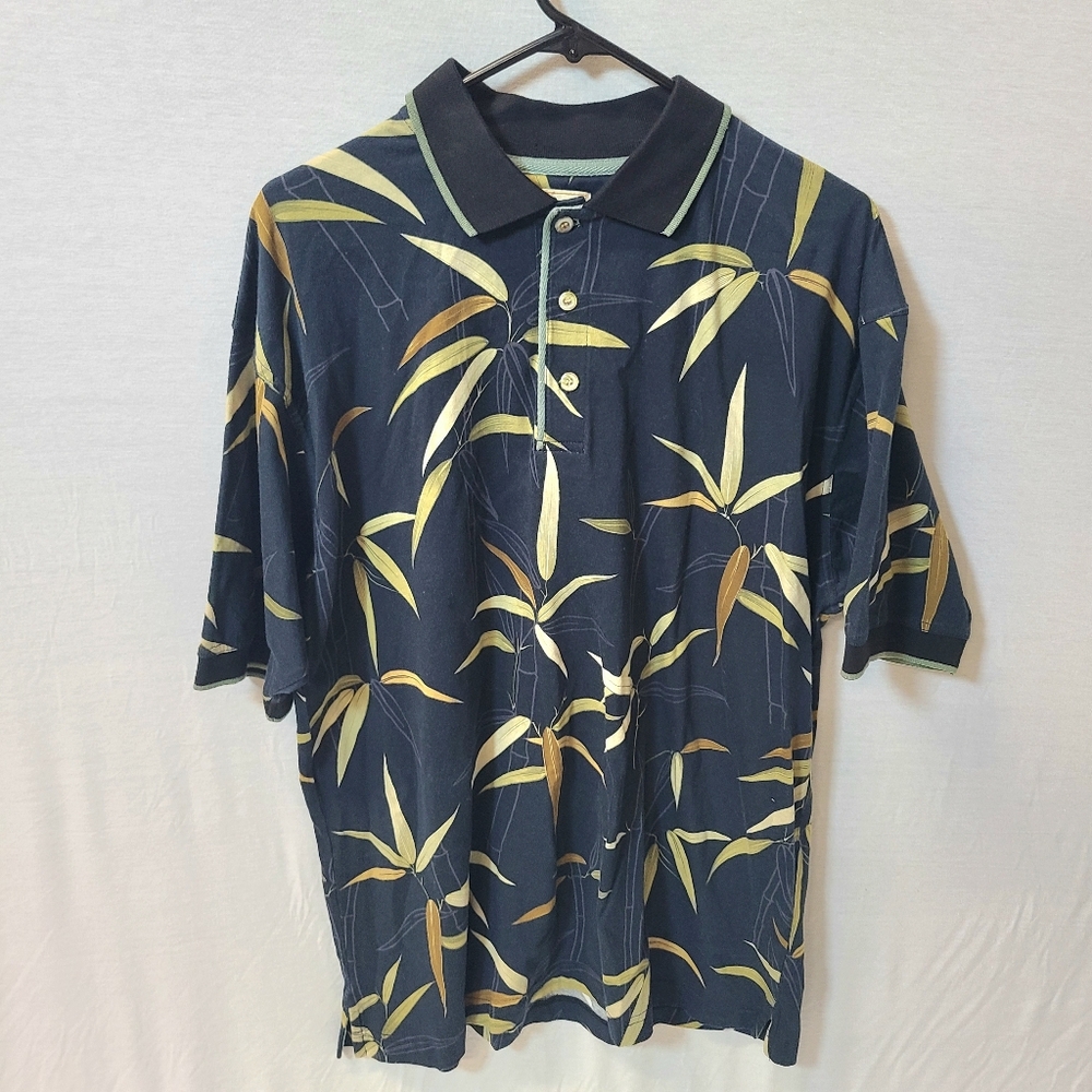 Bamboo Cay Mens Button Up Shirt L  Black w/ Banboo Leaves Hawaiian Short Sleeve
